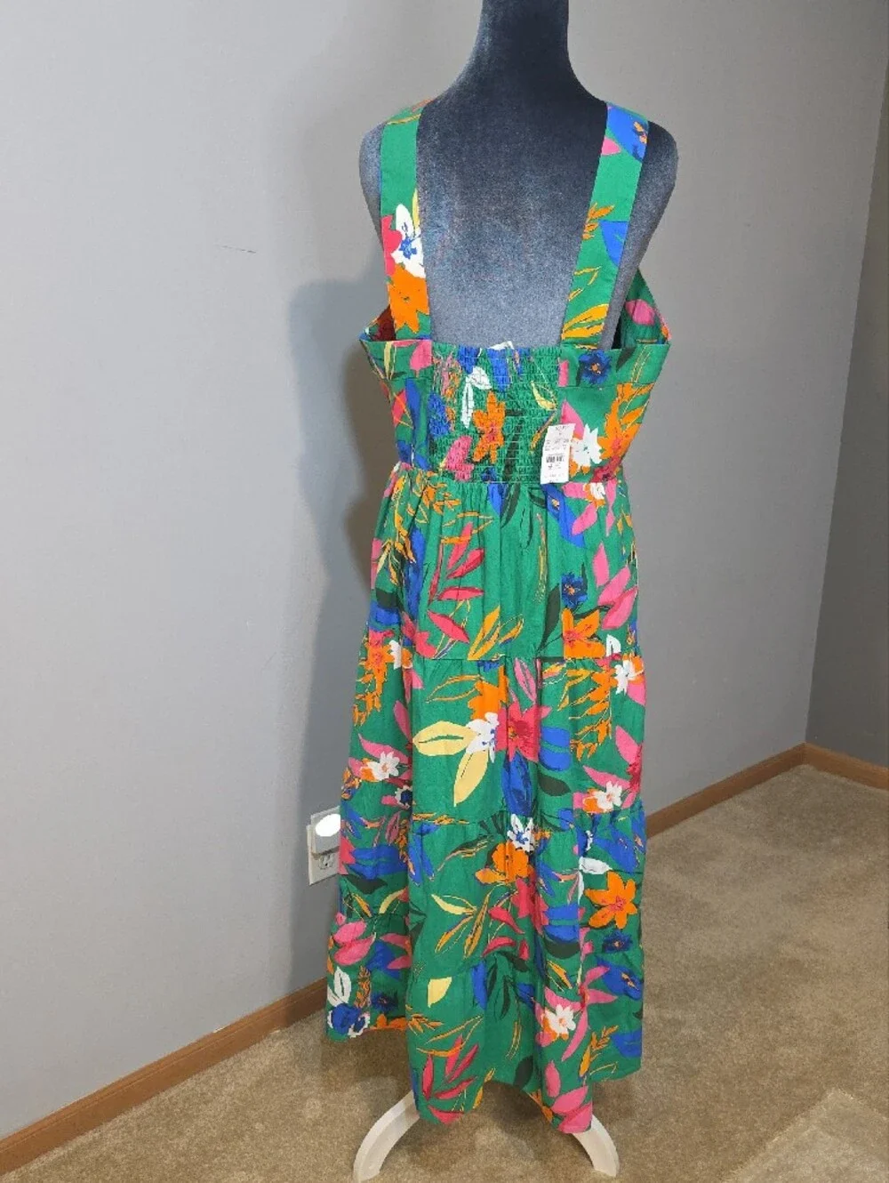 NWT J.Crew Green Tropical Floral Smocked Maxi Dress Cross Back Straps Sz 14
